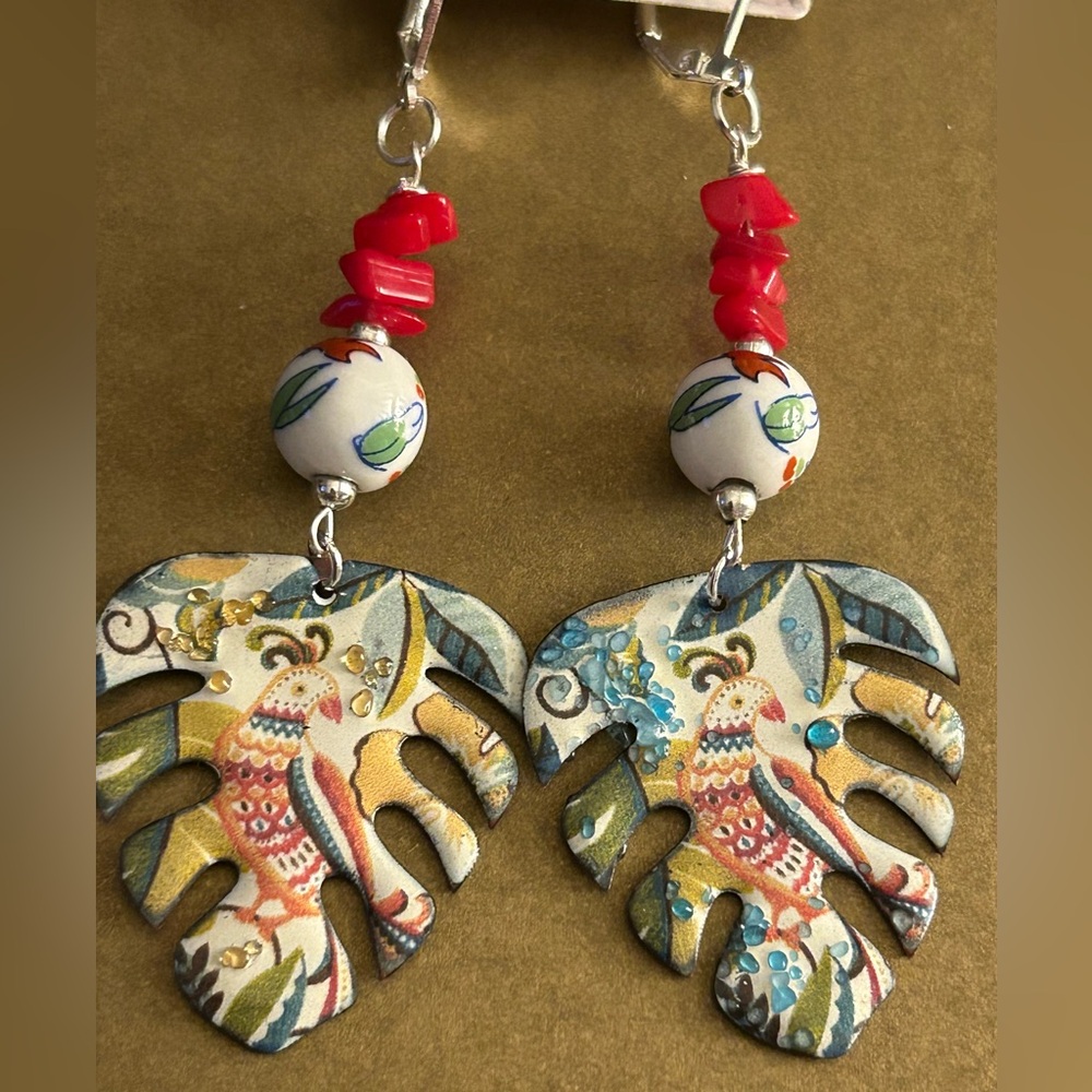 Earrings NWOT Artisan “Cockatiel, too” leaves Enamel Copper, ceramic beads 2.7” - Picture 4 of 14